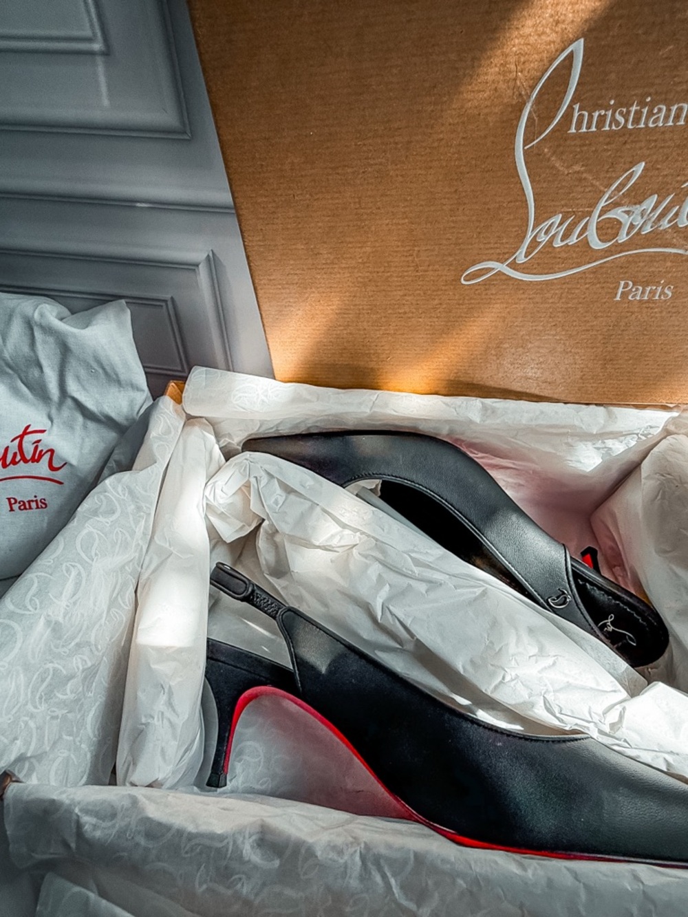 Christian Louboutin Black Leather Sporty Sling Kitten Heels